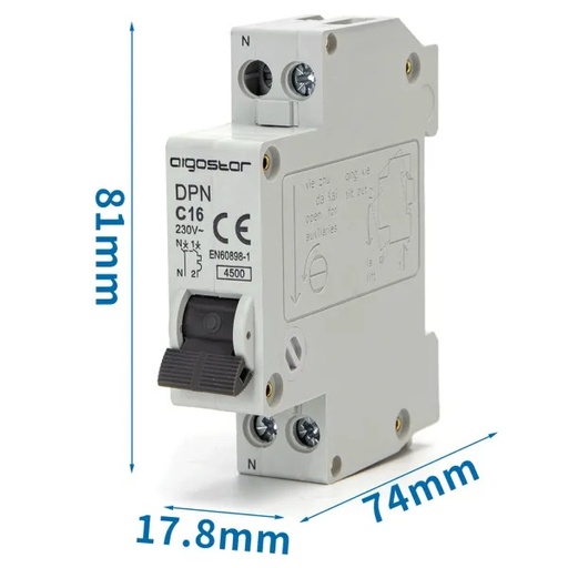 [AI197612] INTERRUTTORE CONTAKT MAGNETOTERMICO 1P+N 16A CURVA C  GRIGIO