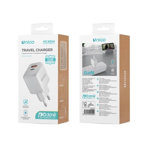 [HC4654] CARICATORE UNICO DA RETE 1 USB-C POWER DELIVERY  30W  E 1 USB-A QUICK CHARGE 18W