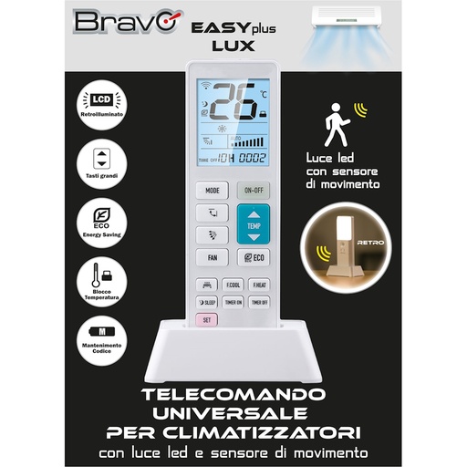 [BRAIREASYLUX] TELECOMANDO BRAVO EASY PLUS LUX UNIVERSALE PER CONDIZIONATORI 