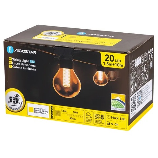 [AI329198] CATENA LUMINOSA SOLARE G50 CON LUCI TONDE BIANCHE, LUCE CALDA, 10M