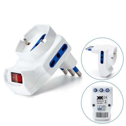 [CT1024B]  ADATTATORE CIVILE CONTAKT CON INTERRUTTORE  SPINA 2P+T 16A S17 + 2 BIPRESE 2P+T P17/11 + 1 PRESA SCHUKO P30  +1500W BIANCO