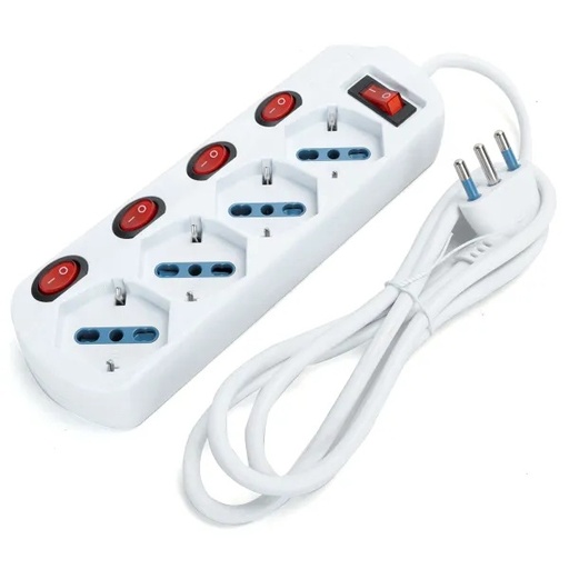 [CT2026B] PRESA MULTIPLA CONTAKT 4 BIPRESE + SCHUKO + INTERRUTTORI SEPERATI E GENERALE + CAVO 1.5 MT. SPINA 16A MAX3680   BIANCO