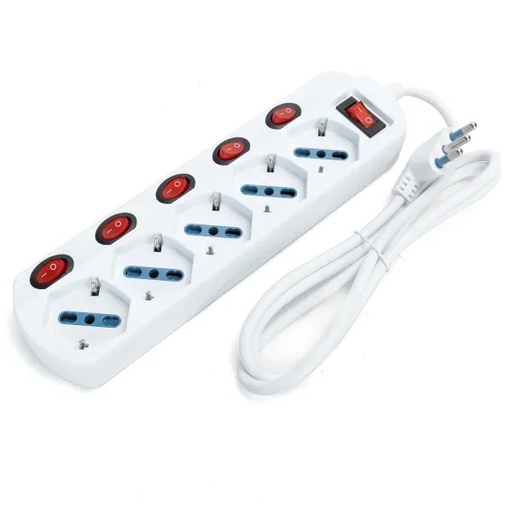 [CT2027B] PRESA MULTIPLA CONTAKT 5 BIPRESE + SCHUKO + INTERRUTTORI SEPERATI E GENERALE + CAVO 1.5 MT. SPINA 16A MAX3680W  BIANCO