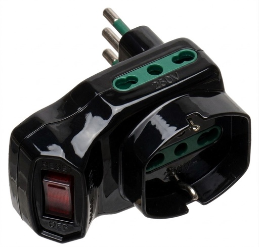 [CT1021N]  ADATTATORE CIVILE CONTAKT INTERRUTTORE DI SICUREZZA SPINA 2P+T 10A S11 + 2 BIPRESE 2P+T P17/11 + 1 PRESA SCHUKO P30  +1500W NERO