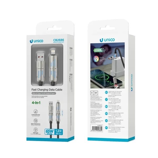 [CB2686N] CAVO UNICO 4IN1 CARICA POWER DELIVERY 65W 3A DA USB-A A USB-C , USB-C A LIGHTNING 120CM SILICONE