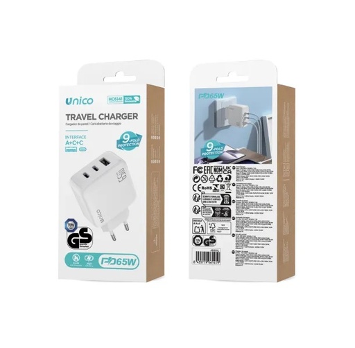 [HC6141B] CARICATORE UNICO DA RETE 2 PORTE USB-C E 1 PORTA USB -A POWER DELIVERY 65W TUV-GS BIANCO 
