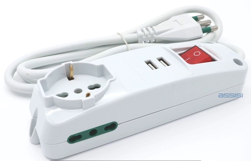 [7002B] MULTIPLA 16A PRESE BIP. SCHUKO 1P+2PR. LAT.+ INTERR.2 USB 1.5MT.MAX 3500W MED