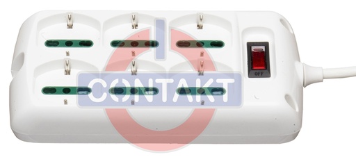 [CT2011B] PRESA MULTIPLA CONTAKT QUADRATA 6 BIPRESE+SCHUKO+C/INTER.+CAVO 1.5MT MAX2300W  (SPINA 10A) BIANCO 