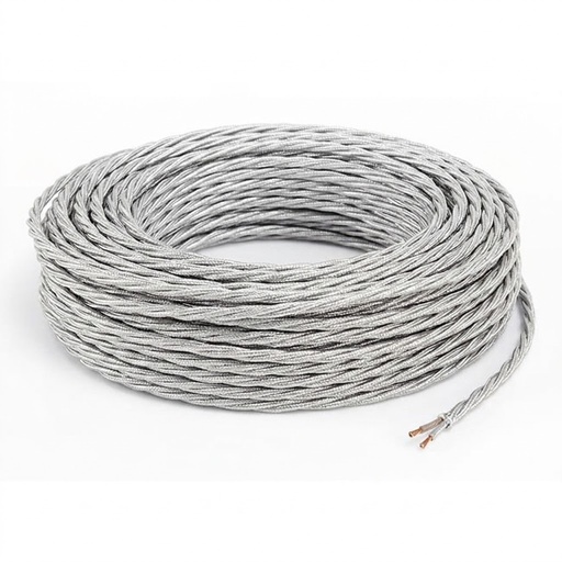 [CTAX156] CAVO ELETTRICO CONTAKT TRECCIOLA 2X0.75  TESSUTO ARGENTO  45MT. IMQ - PREZZO AL METRO -