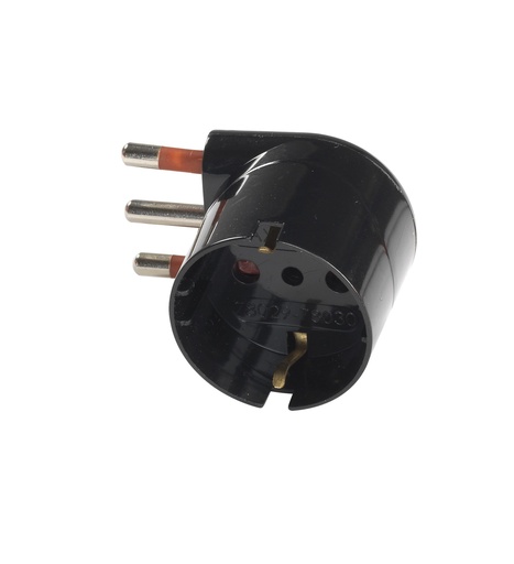 [RS78028] ADATTATORE SCHUKO 90° SALVASPAZIO 10A 2P+T NERO