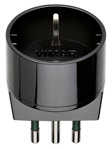[VIW00302] ADATTATORE CIVILE VIMAR SPINA 2P+T 10A S11  PRESA 2P+T 10A SCHUKO P30 250V  NERO