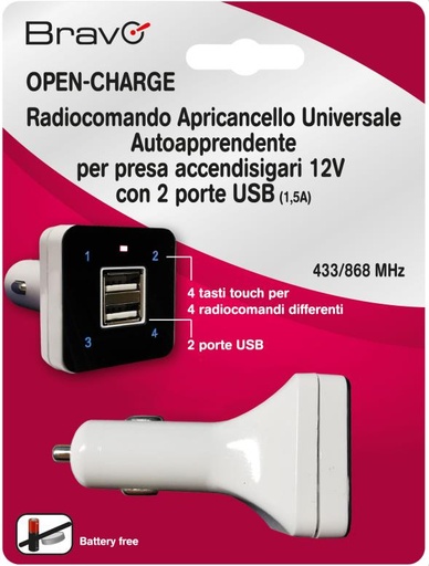 [BROPEN] RADIOCOMANDI BRAVO FREQUENZA FISSA 433.92 MHZ 4 CANALI CON 2 USB-A E CARICATORE AUTO 12V