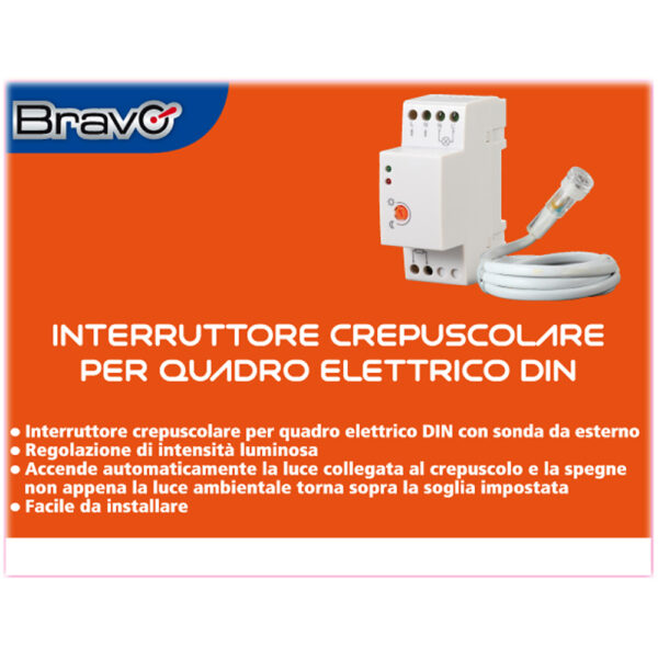 INTERRUTTORE CREPUSCOLARE BRAVO MODELLO INTERRUTTORE CREPUSCOLARE DA QUADRO ELETTRICO DIN E SONDA ESTERNA SI COLLEGA QUANDO LA LUCE AMBIENTE SCENDE 