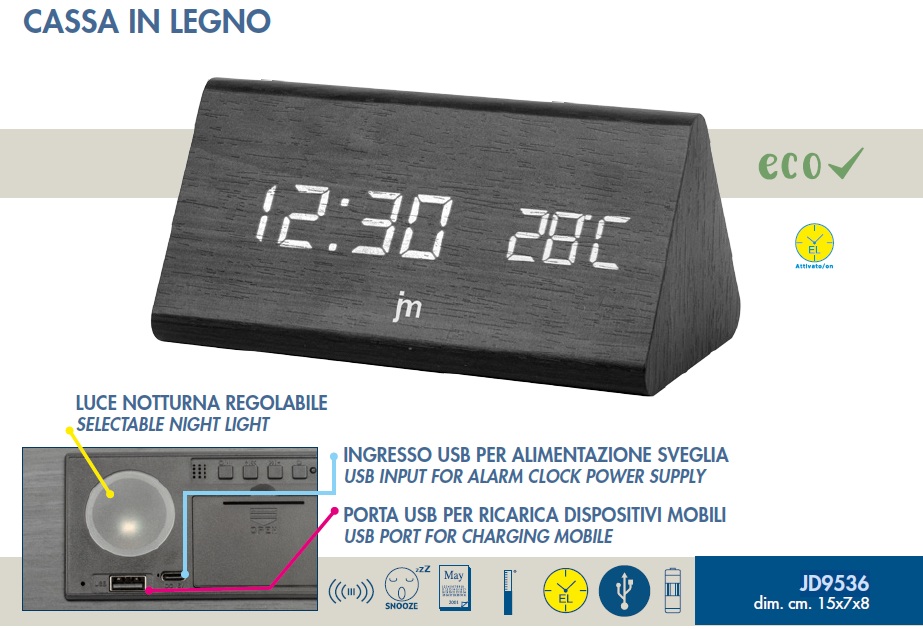 SVEGLIA DIGITALE LED LEGNO ADATTATORE