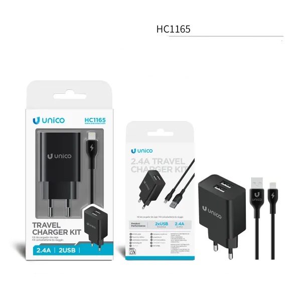 CARICATORE UNICO DA RETE NERO 2 PRESE USB-A 2.4Ah CON CAVO USB-A A LIGHTING 100CM 