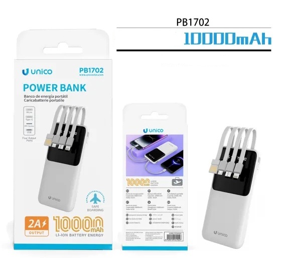 CARICATORE POWERBANK UNICO BIANCO DA 10000Mah 10W CON CAVI INTEGRATI E AMPIO DISPLAY DIGITALE 