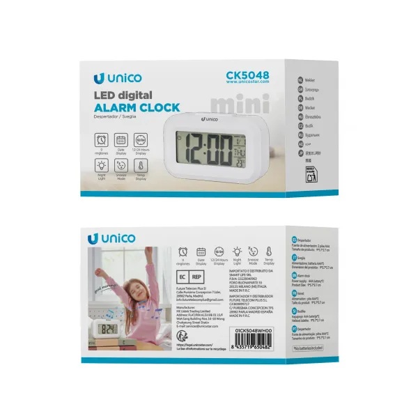 MINI SVEGLIA DIGITALE UNICO CON ALIMENTAZIONE CAVO USB - A O 3 AAA MINISTILO COLORE BIANCO