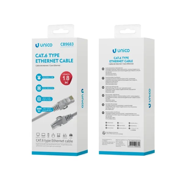 CAVO UNICO ETHERNET CAT6E/UTP DA SPINA RJ45 A SPINA RJ45 1.8MT CAVO TONDO GRIGIO 