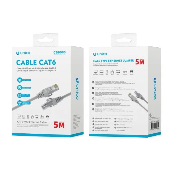 CAVO UNICO ETHERNET CAT6E/UTP DA SPINA RJ45 A SPINA RJ45 CAVO TONDO GRIGIO 5 MT 