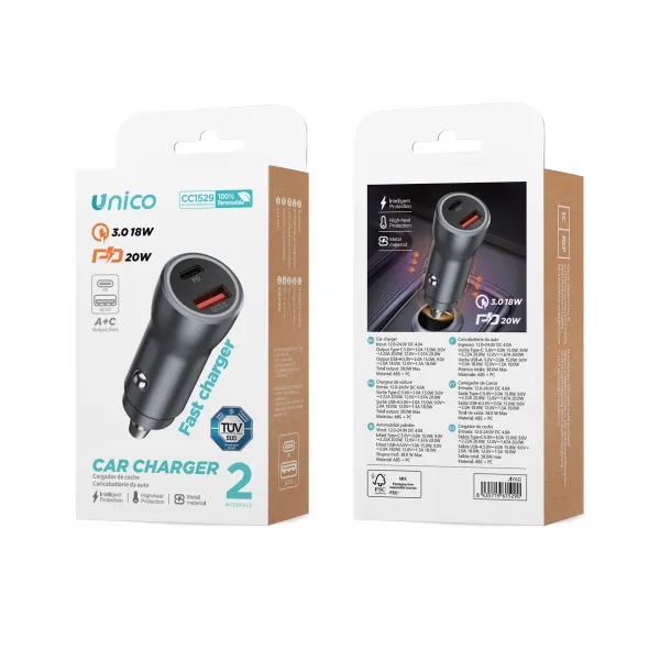 CARICATORE UNICO DA AUTO 12V CON 2 USB-C POWER DELIVERY 20W A USB-A QUICK CHARGE 18W CERTIFICATO TUV 