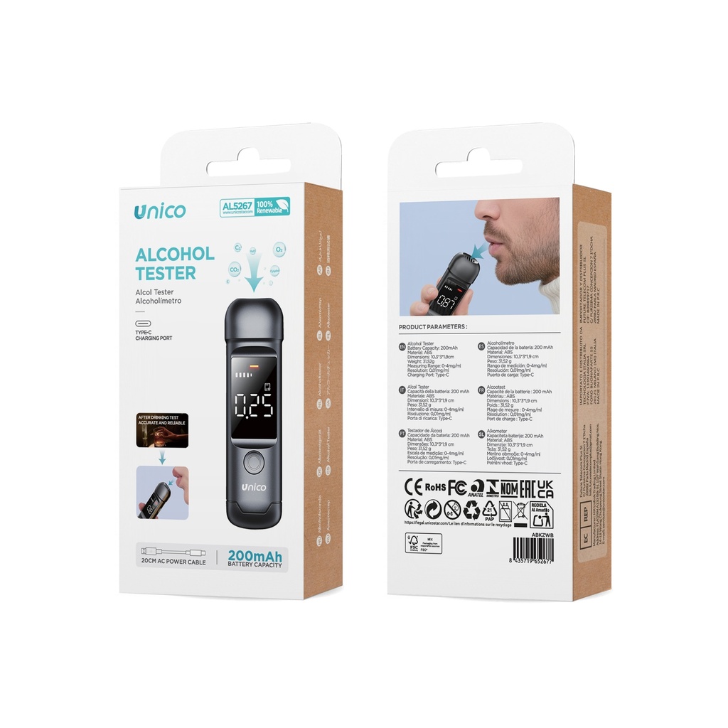 ETILOMETRO ALCOOL TEST UNICO CON CAVO DI RICARICA USB-C 20CM CON DISPLAY LCD BATTERIA 200MAh  