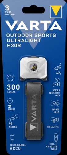 TORCIA VARTA LED LAMPADA DA TESTA RICARICABILE HEAD LIGHT H30R 300LM ULTRALIGHT BIANCO