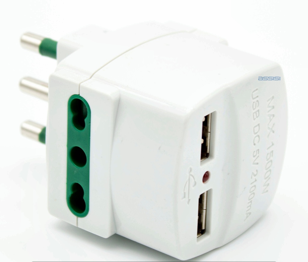 ADATTATORE SPINA 16A 2PR.BIP. 10/16A +2USB BIANCO MED