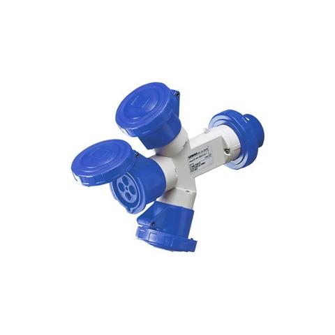 ADATTATORE INDUSTRIALE FAEG CON SPINA CEE 2P+T 16A+ 2 PRESE CEE 2P+T 16A BLU