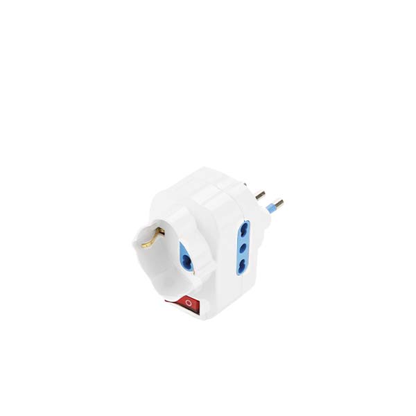 ADATTATORE CIVILE FAI CON INTERRUTTORE 1 SPINA GIREVOLE 2P+T 16A S17 - PRESA BIPASSO/SCHUKO  - 2 BIPRESE 2P+T - 2P 17/11 -P30 +T 
