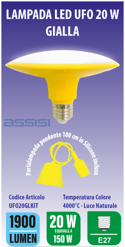 [UFO20GLKIT] LAMPADA LED TIPO UFO 20W 4000K GIALLO C/PENDEL SILICONE INCL. MED