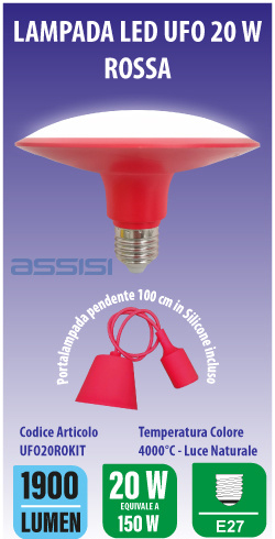 [UFO20ROKIT] LAMPADA LED TIPO UFO 20W 4000K ROSSO  C/PENDEL SILICONE INCL. MED