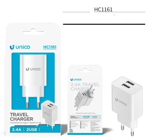 [HC1161B] CARICATORE UNICO DA RETE BIANCO 2 PRESE USB-A 2.4A 