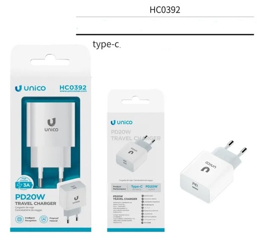 [HC0392B] CARICATORE UNICO DA RETE BIANCO PRESA USB-C RAPIDO 20W 