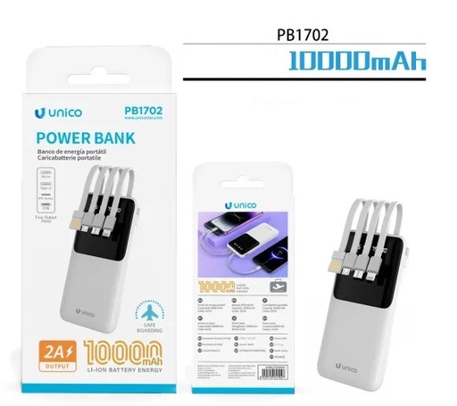[PB1702B] CARICATORE POWERBANK UNICO BIANCO DA 10000Mah 10W CON CAVI INTEGRATI E AMPIO DISPLAY DIGITALE 