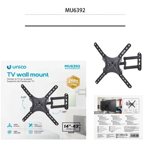 [MU6392] SUPPORTO TV A MURO UNICO PER TV LCD DA 14" A 43" CON 3 SNODI 