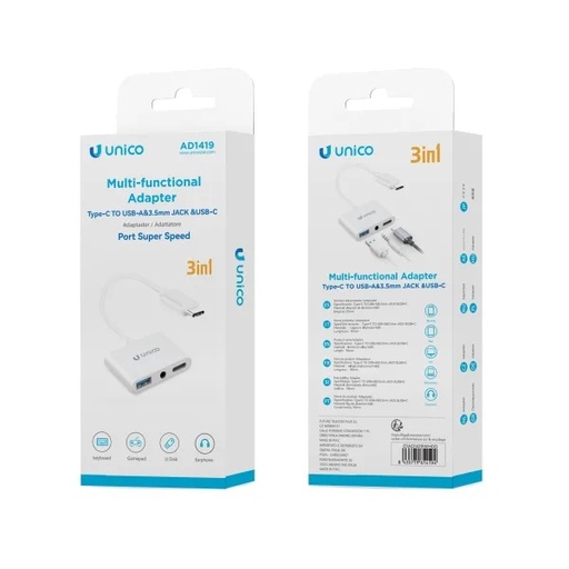 [AD1419] ADATTATORE UNICO 3IN1 DA SPINA USB-C A PRESA USB-A ,  PRESA JACK 3.5MM E PRESA USB-C 
