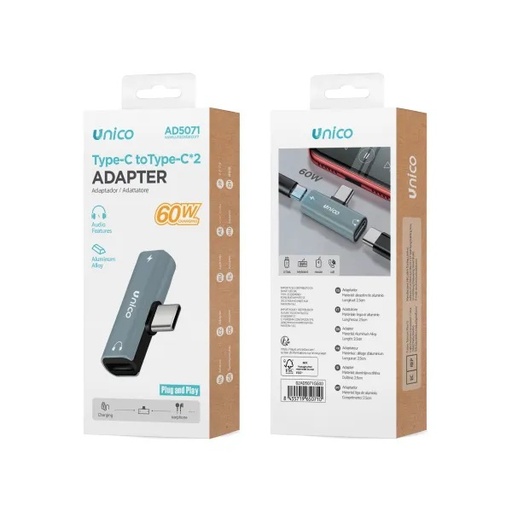 [AD5071] ADATTATORE UNICO DA SPINA USB-C A 2 PRESE  USB-C AUDIO E RICARICA 60W 