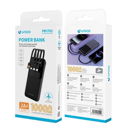 [PB1702N] CARICATORE POWERBANK UNICO NERO DA 10000 Mah 10W CON CAVI INTEGRATI E AMPIO DISPLAY DIGITALE 