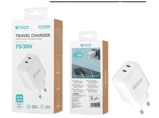 [HC4656] CARICATORE UNICO DA RETE 2 PORTE USB-C CON USCITA SINGOLA POWER DELIVERY 30W 