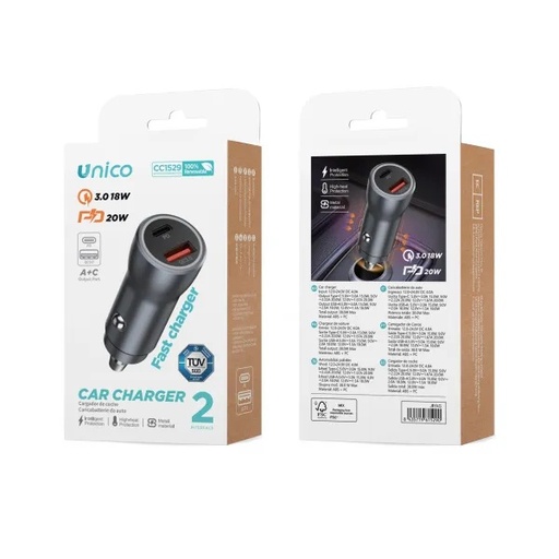 [CC1529] CARICATORE UNICO DA AUTO 12V CON 2 USB-C POWER DELIVERY 20W A USB-A QUICK CHARGE 18W CERTIFICATO TUV 