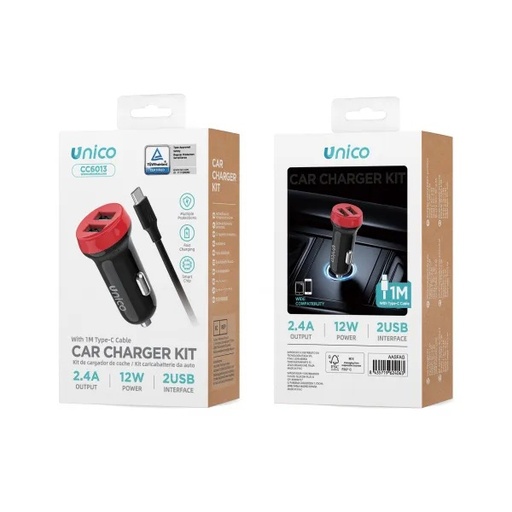[CC6013] CARICABATTERIA AUTO 2 PORTE USB-A 2.4A CON CAVO USB-A TO TYPE-C KIT TUV