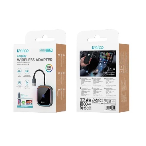 [VB2824] ADATTATORE UNICO BLUETOOTH CARPLAY CON CAVO USB-A E ADATTATORE USB-C E  LUCE SOUND RGB 