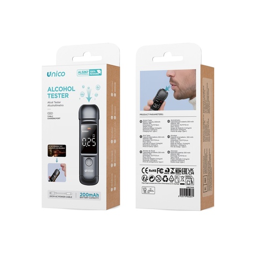 [AL5267] ETILOMETRO ALCOOL TEST UNICO CON CAVO DI RICARICA USB-C 20CM CON DISPLAY LCD BATTERIA 200MAh  