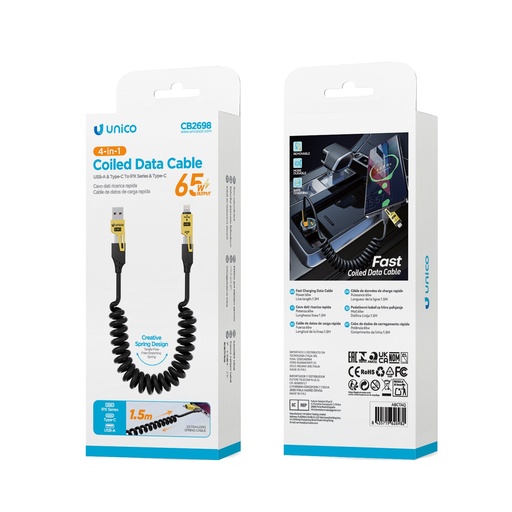 [CB2698] CAVO UNICO 4IN1 CARICA POWER DELIVERY 65W 3A DA USB-A A USB-C , USB-C A LIGHTNING CAVO SPIRALATO 150CM NERO 