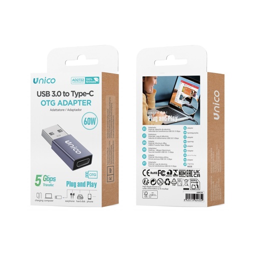 [AD2722] ADATTATORE UNICO CON PRESA USB-C 60W CON PASSAGGI DATI 5 GIGABIT AL SECONDO E SPINA USB-A 3.0 
