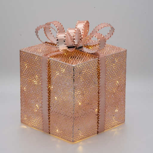 [L49918] PACCO REGALO CUBICO H25CM 40 LED BIANCO CALDO METALLO TRAFORATO VPM RAME