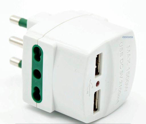 [9020B] ADATTATORE SPINA 16A 2PR.BIP. 10/16A +2USB BIANCO MED