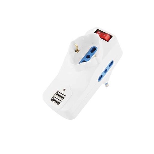 [F8017USB]  ADATTATORE CIVILE FAI CON INTERRUTTORE 1 SPINA GIREVOLE 2P+T 16A S17 - PRESA BIPASSO/SCHUKO  - 2 BIPRESE 2P+T - 2P 17/11 -P30 +T 2 PRESE USB 