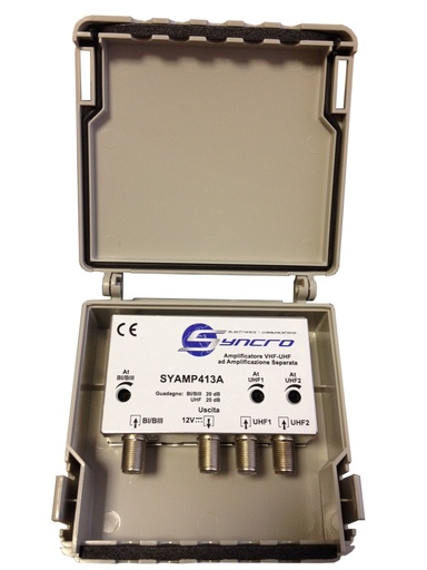 [SYAMP413A] AMPLIFICATORE PALO 3 INGR.VHF-UHF-UHF 20DB 108DBUV LTE SYNCRO
