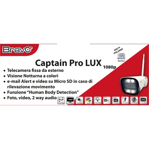 [CAPTAINLUX] TELECAMERA VIDEOSORVEGLIANZA BRAVO MODELLO CAPTAIN PROLUX DA ESTERNO WIRELESS VISIONE NOTTURNA A COLORI 